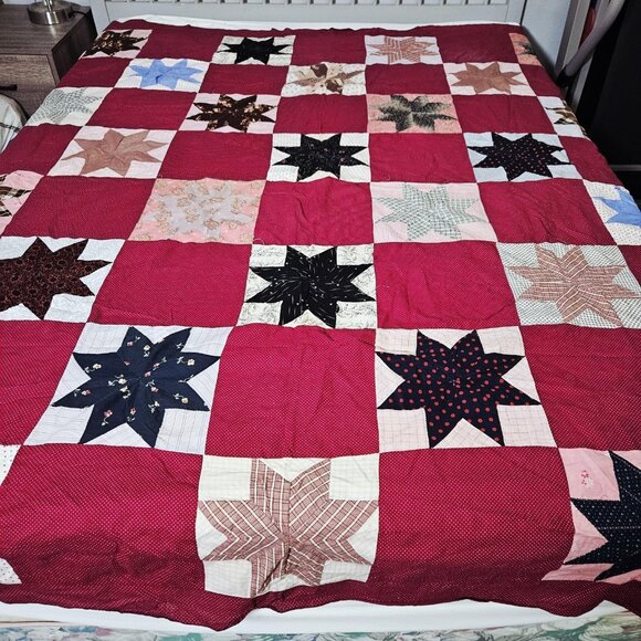 Handmade Patchwork Quilt Top ONLY 85x74 Red Eight Point Lone Star Blocks Calico - Picture 1 of 11